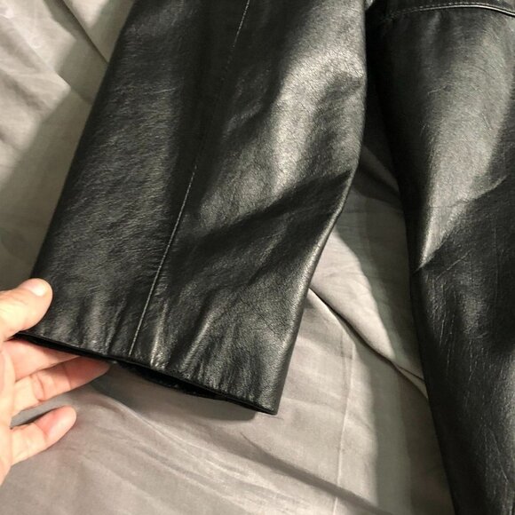 Vintage Charles Klein Womens Leather Trench Cota Small Black Button Front Biker - Picture 13 of 16